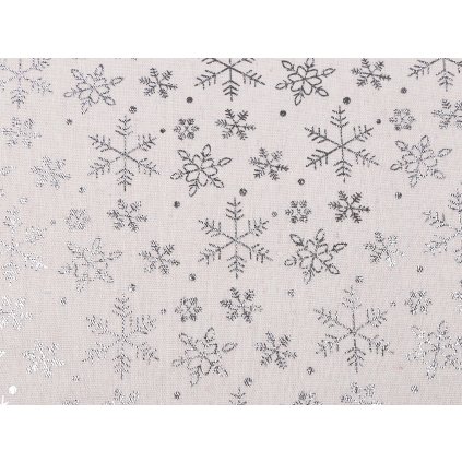 Vánoční bavlněná metráž / imitace lnu sněhové vločky metalické (Varianta 1 režná stříbrná, Balení 1 m)