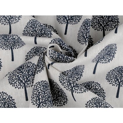 Bavlněná metráž / imitace lnu hrubší, stromy (Varianta 1 režná černá, Balení 1 m)