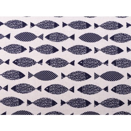 Bavlněná metráž / imitace lnu hrubší, ryby (Varianta režná modrá, Balení 1 m)
