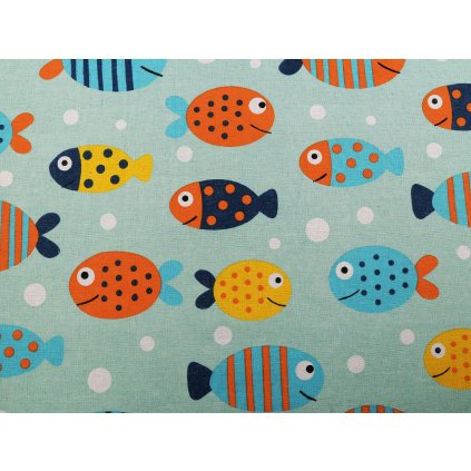 Bavlněná metráž / imitace lnu hrubší, ryby (Varianta mint, Balení 1 m)