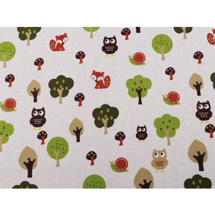 Bavlněná metráž / imitace lnu hrubší, lesní zvířátka (Varianta režná, Balení 1 m)