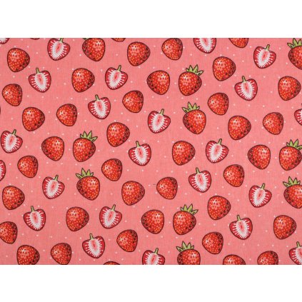 Bavlněná metráž / imitace lnu hrubší, jahody (Varianta růžová, Balení 1 m)