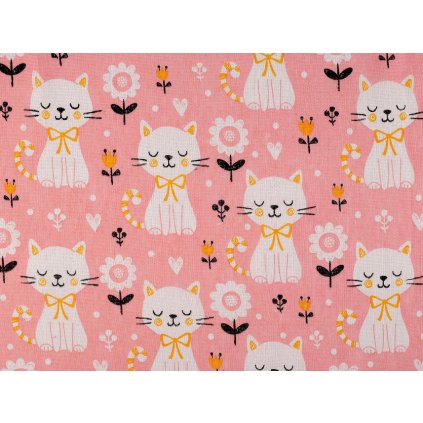 Bavlněná metráž / imitace lnu hrubší, kočka (Varianta 1 růžová, Balení 1 m)