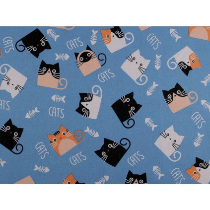 Bavlněná metráž / imitace lnu kočky (Varianta modrá, Balení 1 m)