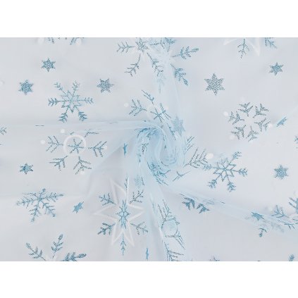 Tyl vánoční vločky s glitry (Varianta modrá světlá, Balení 1 m)