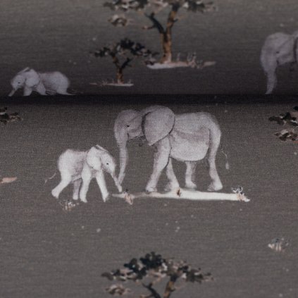 Bavlněný úplet - safari sloni na šedé