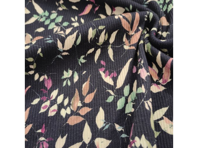 Bavlněný žebrovaný úplet barevné listí na tm. modré (1,1 m)