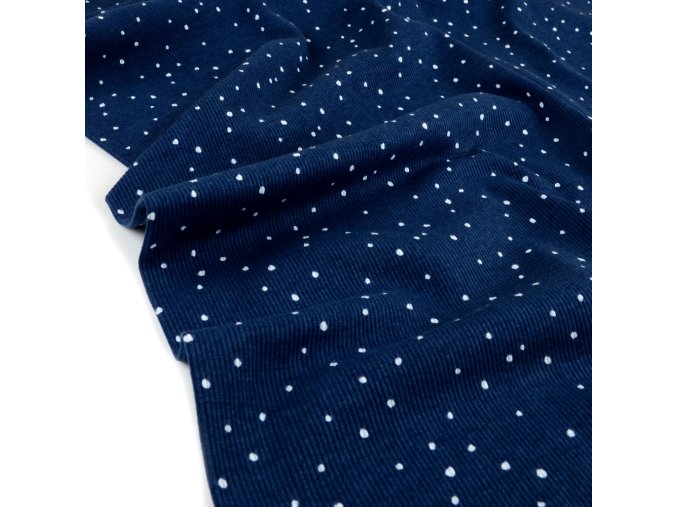 Biobavlněný žebrovaný úplet puntík na tm. modré