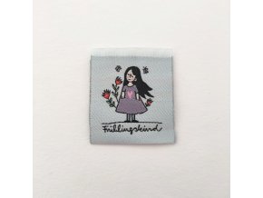 Tkaný štítek Frühlingskind dívka s květinami na old mint II. jakost