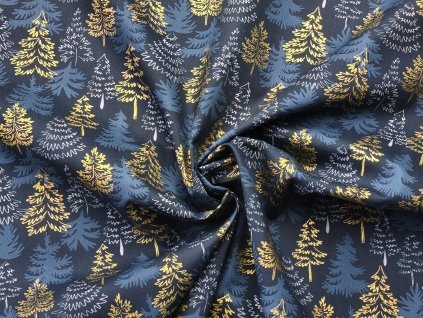 Bavlněné plátno- modré a zlaté stromečky