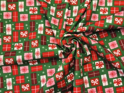 Bavlněné plátno- dárky na zeleném podkladu