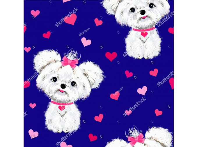 stock vector pet sitting dog white maltese with pink bows and hearts on blue background seamless pattern vector 1032659089