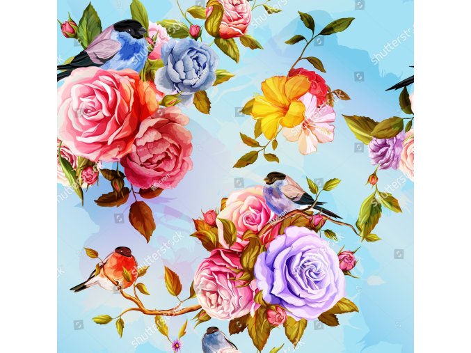 stock vector roses peony with leaves and bird on blue watercolor seamless background pattern vector stock 494115676