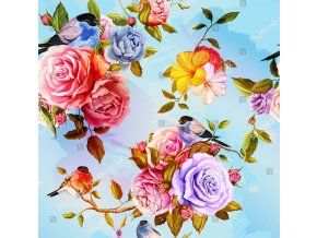 stock vector roses peony with leaves and bird on blue watercolor seamless background pattern vector stock 494115676