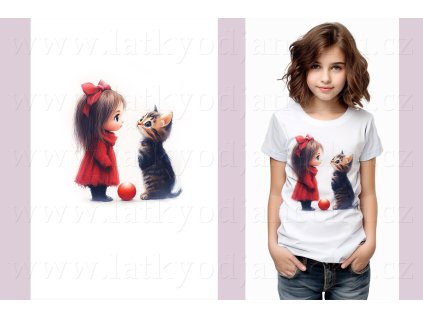 Bavlněný úplet TOP 180g - PANEL na přední pro děti M - Dívka s kočkou na bílé