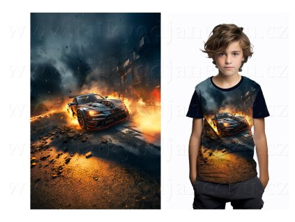 Bavlněný úplet TOP 180g - PANEL na přední pro děti M - Auto v plamenech