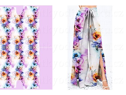 Silky tkanina 90g * PANEL na zavinovací kalhoty SE STŘIHEM 200x137cm * Květinový akvarel