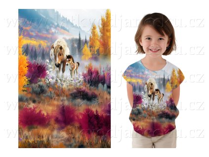 Bavlněný úplet TOP 180g - PANEL na přední pro děti M - Koníci na louce