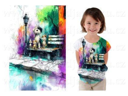 Bavlněný úplet TOP 180g - PANEL na přední pro děti M - Psi na lavičce