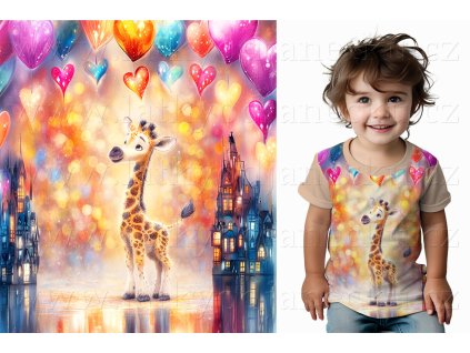 Bavlněný úplet TOP 180g - PANEL na přední pro děti S - Žirafa se srdíčky