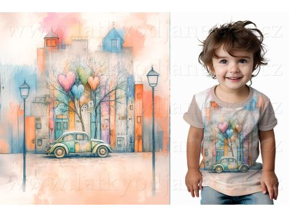 Bavlněný úplet TOP 180g - PANEL na přední pro děti S - Autíčko se srdíčky