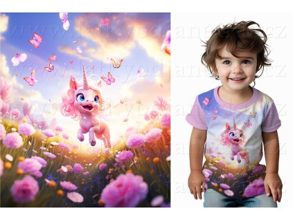 Bavlněný úplet TOP 180g - PANEL na přední pro děti S - Jednorožec s motýly