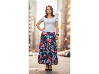 ODĚVY SKLADEM - Půlkolová sukně ZE SILKY - Růžové květy - vel.L