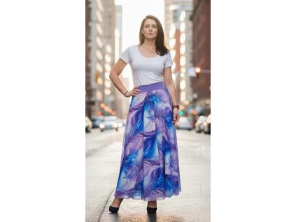 ODĚVY SKLADEM - Kolová sukně ZE SILKY Modrofialový abstrakt -  vel.L