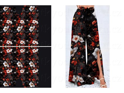 II. JAKOST * Silky tkanina 90g * PANEL na zavinovací kalhoty SE STŘIHEM 200x137 cm * Rudý květinový tanec * 8087