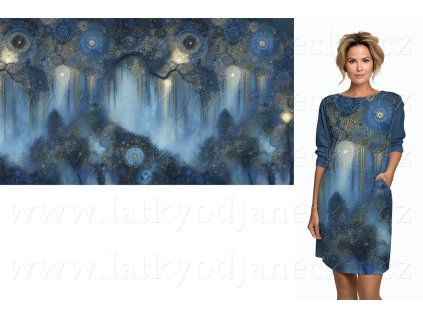 Teplákovina TOP 240g - PANEL 100x176 cm - Zlatomodré ornamenty