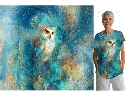 Bavlněný úplet TOP 180g - PANEL na přední díl XL 80 cm - Barvy duhy, sova