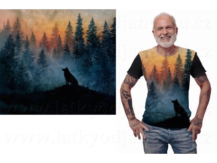 PANEL na přední díl trička XL 80 cm - Vlk před lesem
