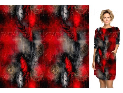 Bavlněný úplet 200g - Červená Pírko s mandalou