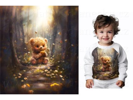 Bavlněný úplet TOP 180g - PANEL na přední pro děti S - Medvídek na taupe