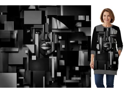 Teplákovina 240g - PANEL na přední díl XL 80 cm - Šedá geometrie