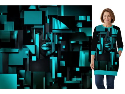 Teplákovina 240g - PANEL na přední díl XL 80 cm - Tyrkys geometrie