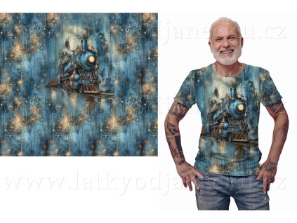 Bavlněný úplet 200g - PANEL na přední díl XL 80 cm - Steampunk Vlak