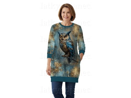 SKLADEM 12/2 - Teplákovina 240g - PANEL na přední díl XL 80 cm - Steampunk Sova na větvi