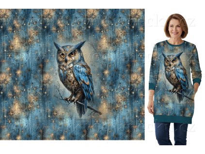 Teplákovina 240g - PANEL na přední díl XL 80 cm - Steampunk Sova na větvi