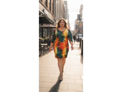 ODĚVY SKLADEM - Šaty Oranžovozelený abstrakt - vel. 2XL