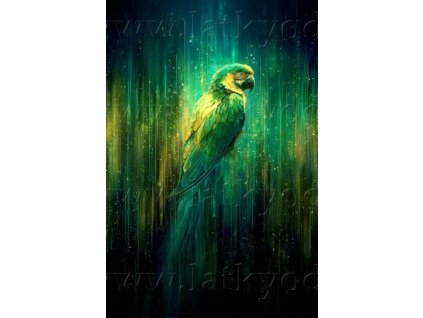 21726 bavlneny uplet panel na predni dil tricka pro deti s papousek na zelene