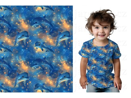 Bavlněný úplet TUR 180g - Delfíni na modré - KUS 0,9m