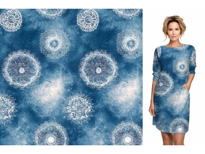 Ferra 250g teplákovina - Mandala bílá na modré - KUS 0,8m