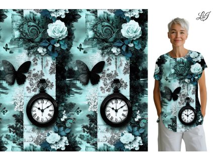 Bavlněný úplet TOP 180g - Zelenkavá s hodinami