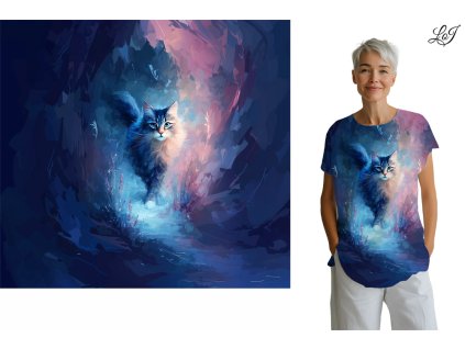 Bavlněný úplet - PANEL XL 80 cm - Růžovomodrá - Kočka