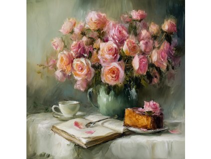norjan A large bouquet of roses in a vase coffee book and cak 825c4a7f 8895 4f2a ab8e b82e0c3d8deb 1