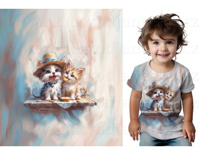 Bavlněný úplet TOP 180g - PANEL na přední pro děti S - Pejsek v klobouku s kočičkou