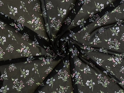 Jemný šifon černý, květiny