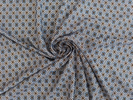 Viskózová látka s geometrickým vzorem – hnědo-modrá, řetízkový motiv