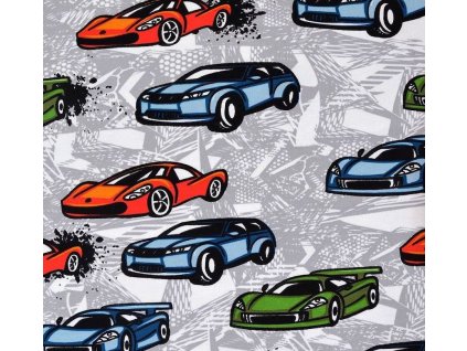 teplákovina bavlněná počesaná, auta, šedá